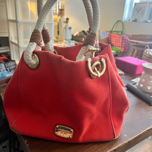 Michael Kors Handbags - Michael Kors Red and White Shoulder Bag with Gold Accents